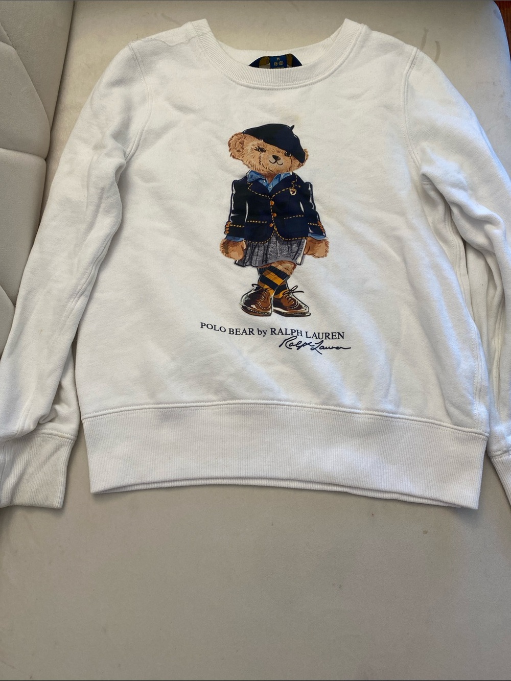 Ralph Lauren White Polo Bear Crewneck Sweatshirt with Navy & Tan Details